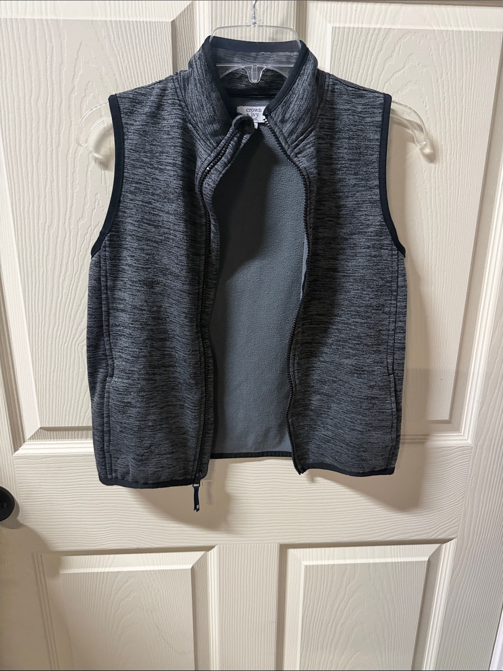 crown & ivy Gray Fleece Zip Vest with Black Trim